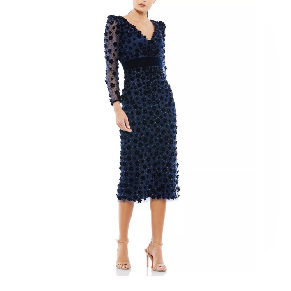 Mac DuggalEmbellished V-Neck Illusion Long Sleeve Column Midi, size 12 - Picture 2 of 9